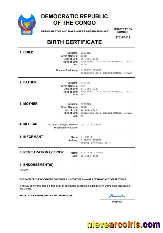 Democratic Republic of the Congo birth certificate